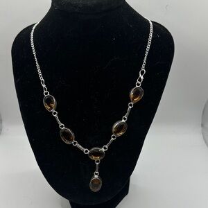 Sterling Silver .925 Amber Gemstone Drop Necklace - Elegant Women Jewelry